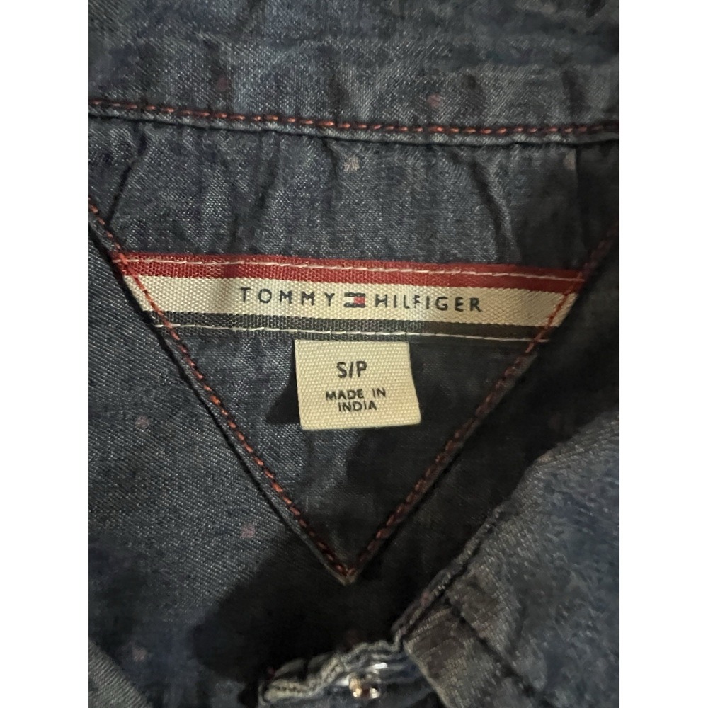 Tommy Hilfiger Chambray Denim Shirt Size S/P Pearl Snaps Polka Dots - Picture 7 of 11